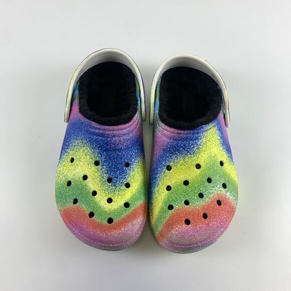 Crocs Faux Fur Lined Clog Spray Multicolored Tie Dye 208081 Slip On Kid Junior 3 - Picture 4 of 12